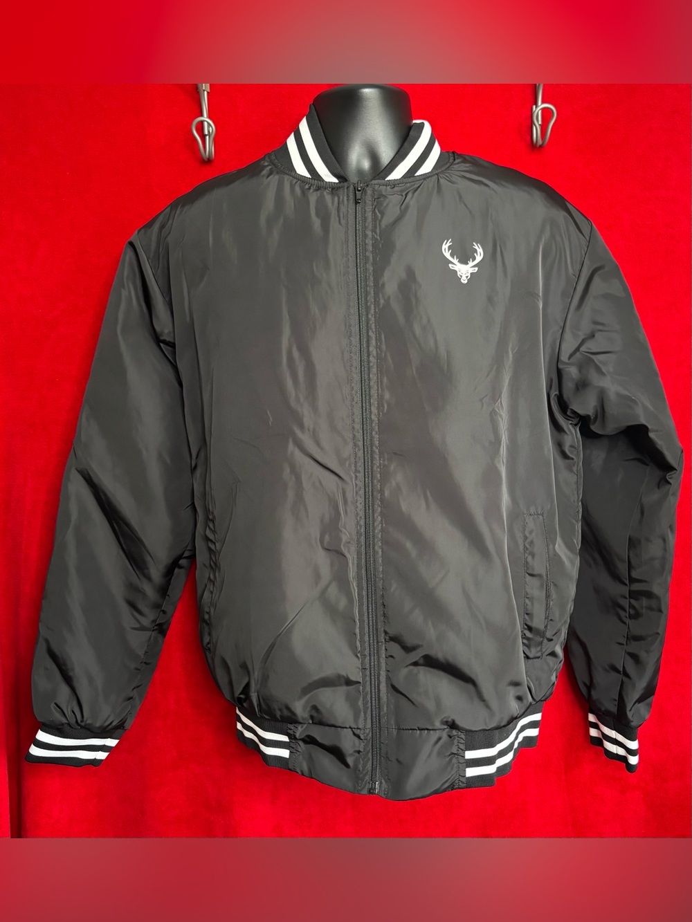 Bucked Up Black Varsity Bomber Jacket Deer Logo Zipper Pockets NWOT Large